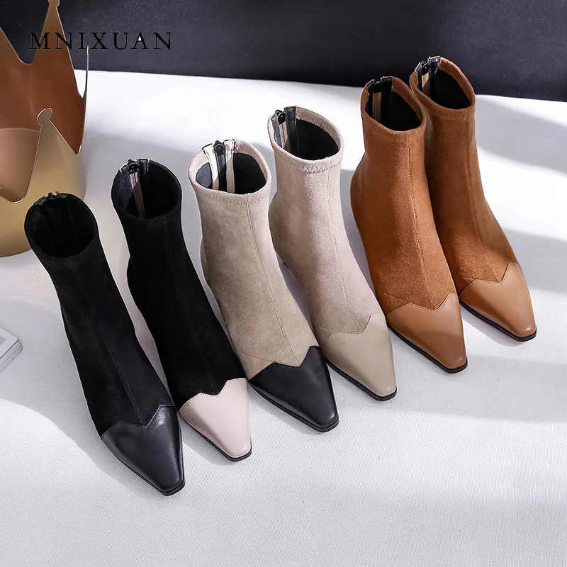 

MNIXUAN Handmade women shoes mid-calf boots retro genuine leather square toe thin high heels stitching office short boots zipper