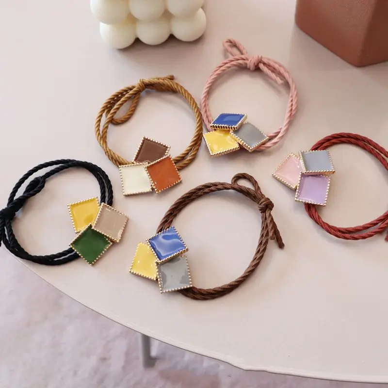 1pcs Macaron Color Acrylic Hair Bands Geometric Square Hit Color Enamel Hair ring Women Hair Accessories