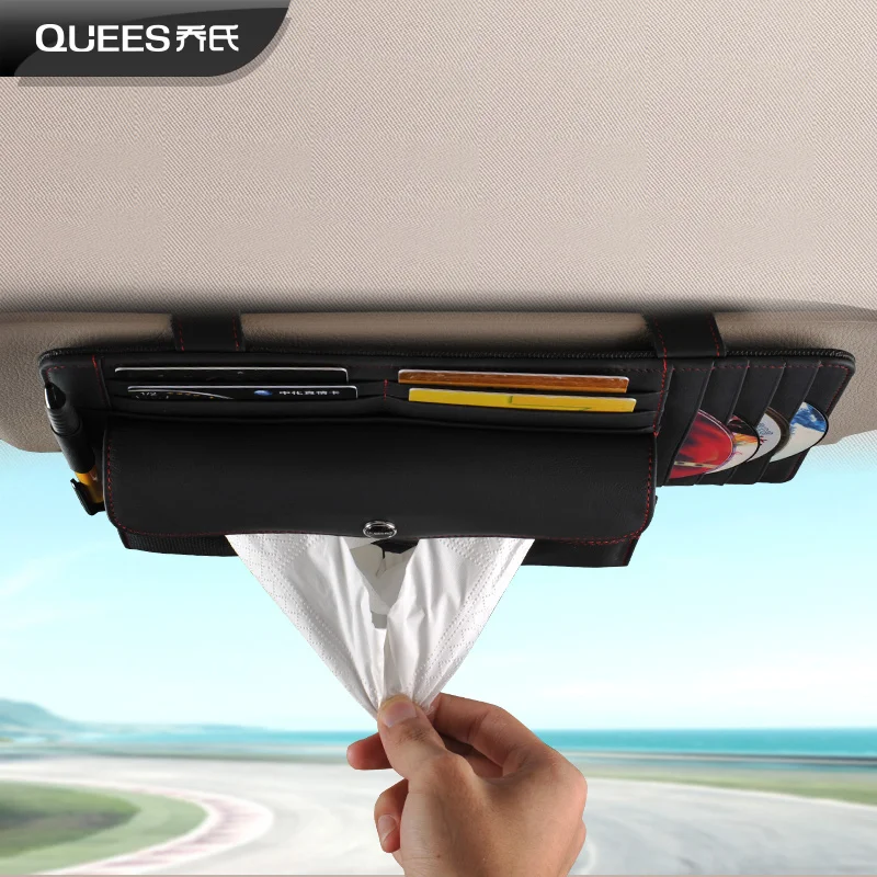 Quees Car Auto Sun Visor Sunshade Leather Multi functional Storage Bag