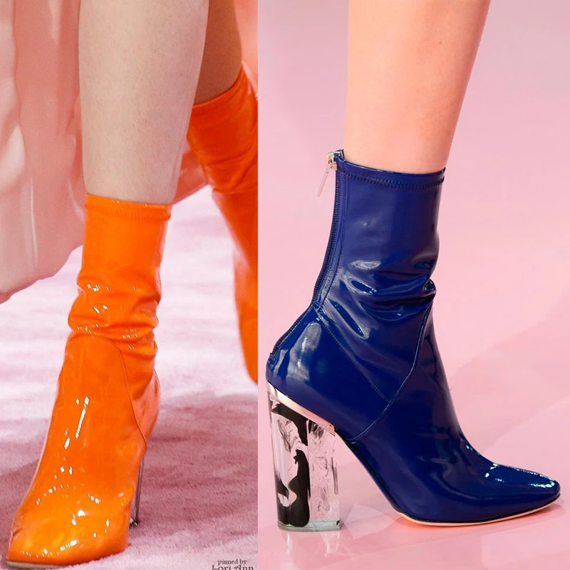 

2018 Chic Ankle Boots Woman Pointed Toe Red Blue Patent Leather Transparent Crystal High Heel Boots Women Fashion Short Boots