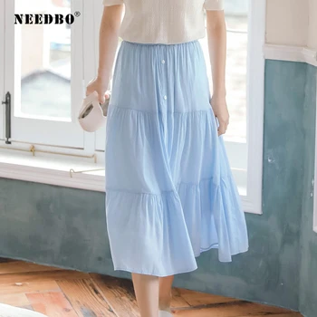 

NEEDBO Pleated Skirt Midi Solid Long Skirts Plus Size Lady Elastic Waist Beach Pleated Skirt Casual Women Skirt Summer WS25880