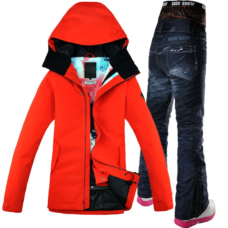 Gsou الشتاء-35 درجة النساء التزلج على الجليد الدعاوى ماء 10 كيلو الأحمر الدافئة سترة تزلج + السراويل الرياضة