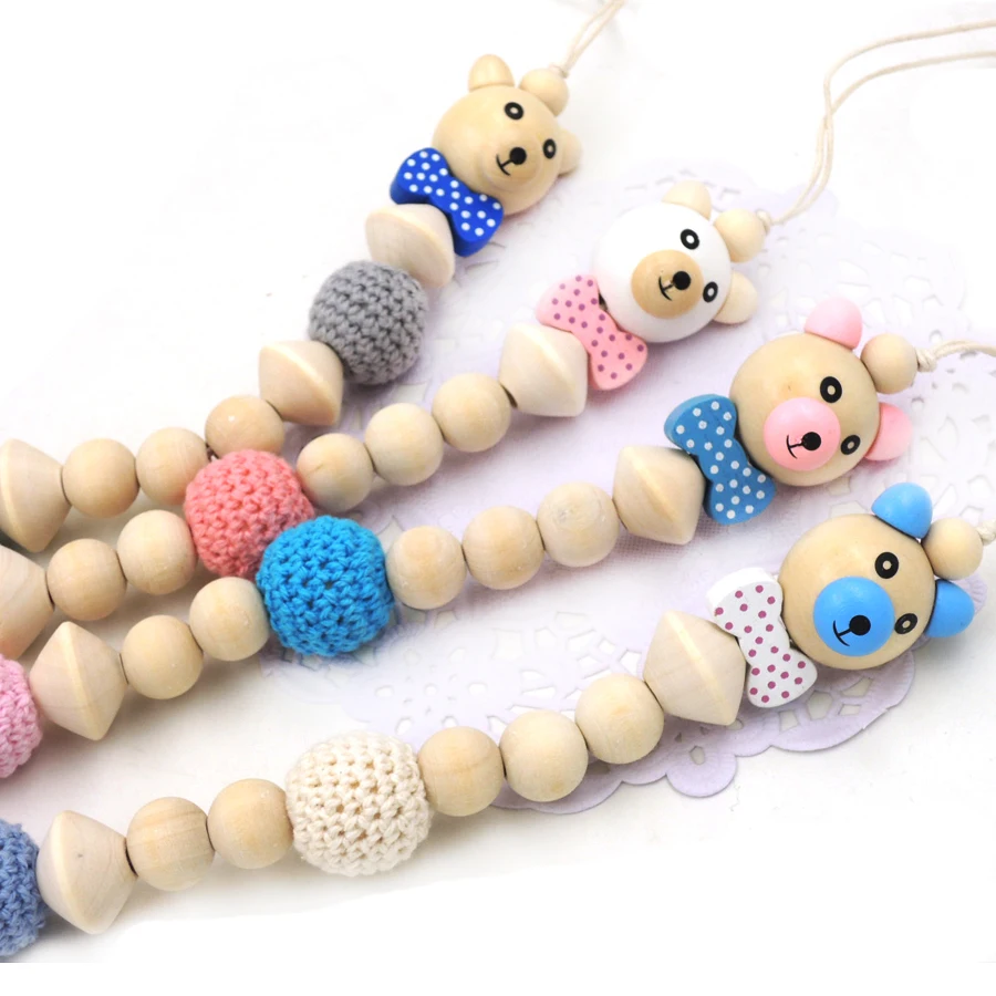 2017 NEW VERY CUTE WOODEN BEAR BEADS 20MM COTTON CROCHET BEAD BABY PACI DUMMY HOLDER SOOTHIE CHAIN HANDMADE BABY GIFT NT212
