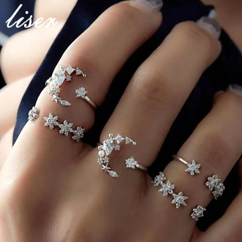 

Trendy Shining Crystal Moon Star Ring Set Geometric Simple Style Rings for Women Girl Knuckle Ring Jewelry