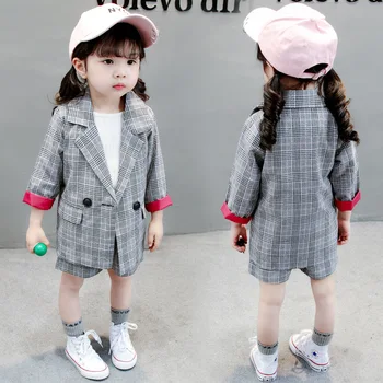 

2018 baby girls clothing sets plaid blazer +pants 2 pieces