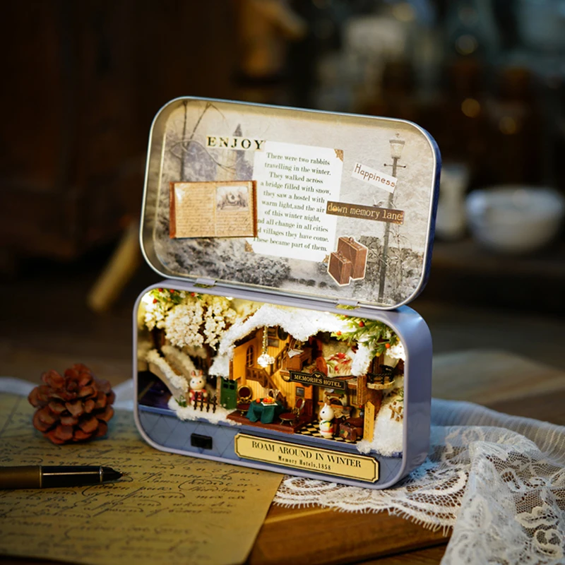 

Elegant Box Theatre Wooden Dollhouse Miniature DIY House Furniture Nostalgic Theme Miniature Scene Roam Around In Winter Q006 #E