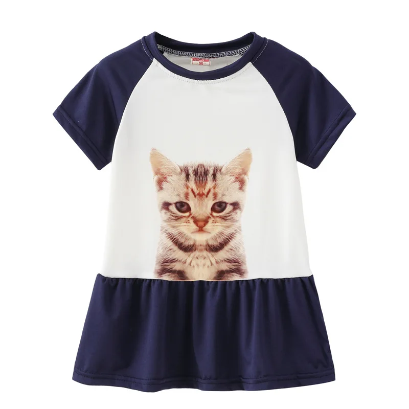 Summer Casual Cat Cartoon Printed Baby Princess Girls Short-Sleeved Dress Navy Patchwork Girls Clothes For 2-7 Years Old Summer Casual Cat Cartoon Printed Baby Princess Girls Short-Sleeved Dress Navy Patchwork Girls Clothes For 2-7 Years Old