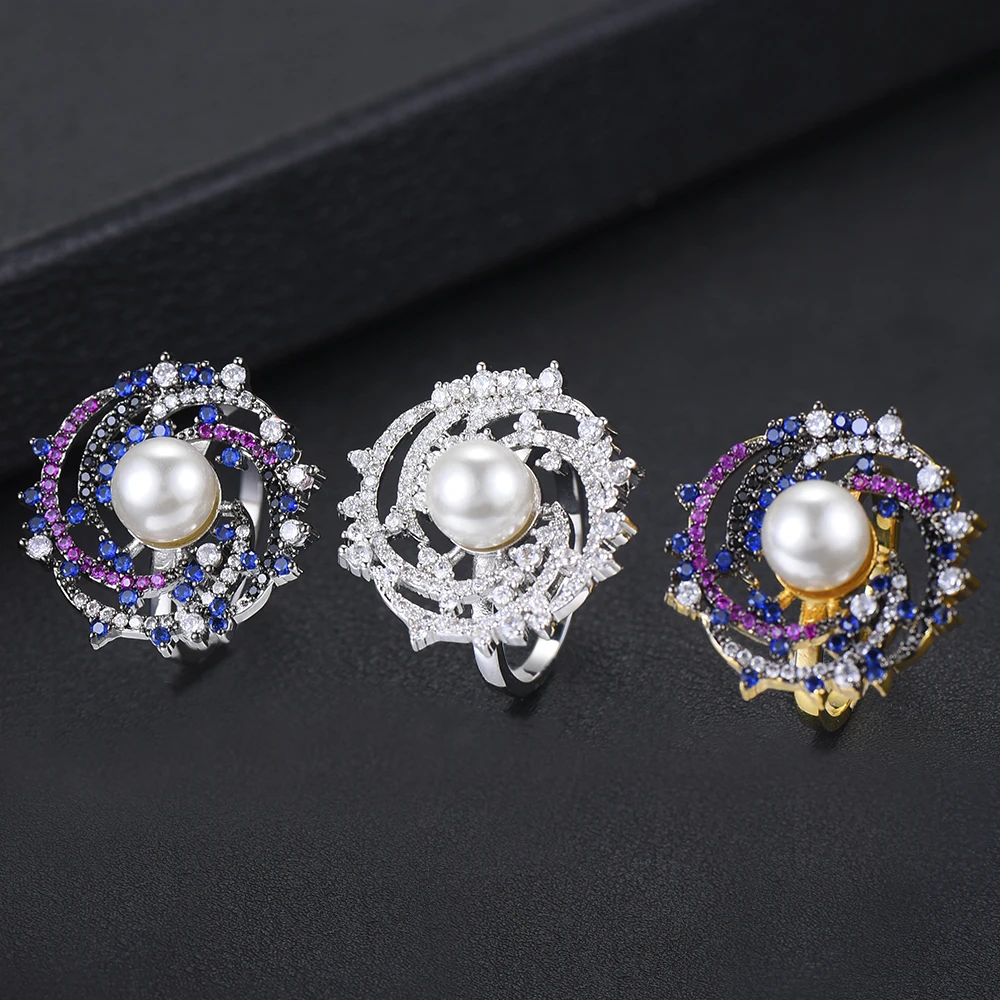 

Fashion Women Jewelry Flower Hollow Shape Dubai Indian Finger Rings Charms Pearl Wedding Ring Cubic Zirconia bague femme
