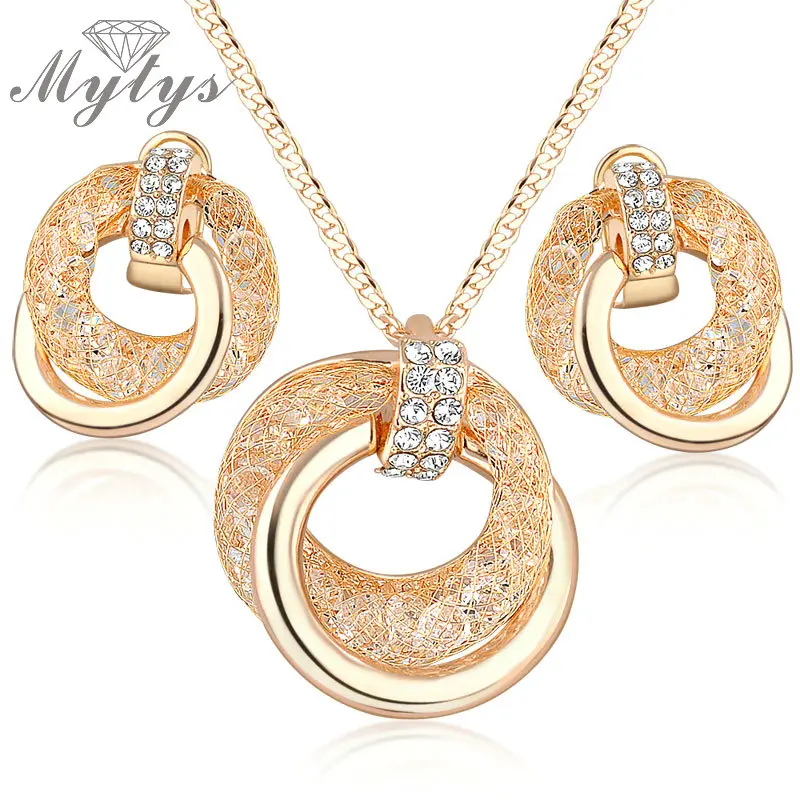 

Mytys Hot sale Fashion Cubic Zirconia Pendant Chain Necklace and Earrings wire mesh Jewelry Sets Gift N960