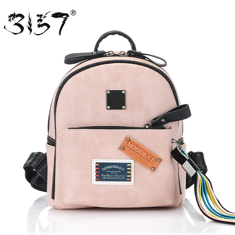 fashion tassel ribbon women bakcpack small school bag for girls appliques patchwork mini leather backpack 3157