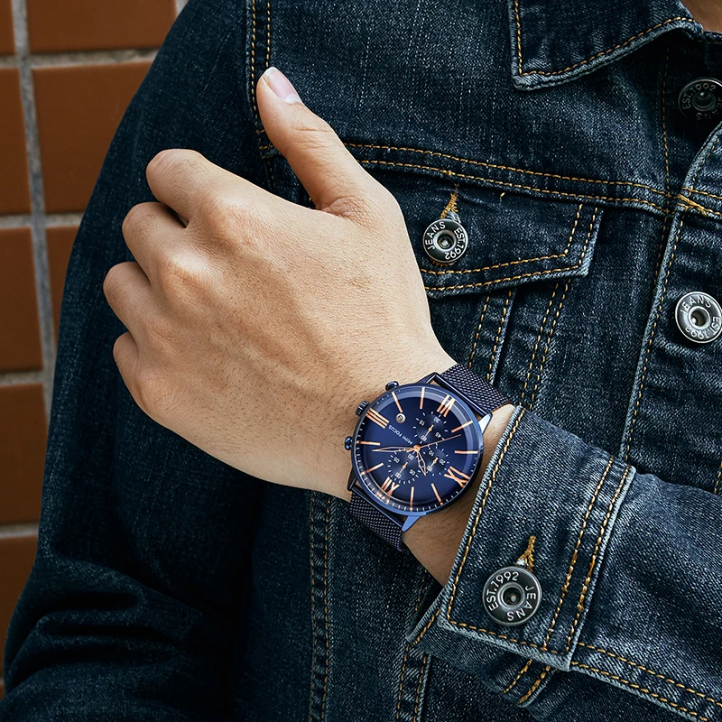 Мини фокус Мужские кварцевые часы с хронографом Лидирующий бренд синий сетчатый ремешок наручные часы Relogios Masculino часы 3 бар водонепроницаемые 0236G