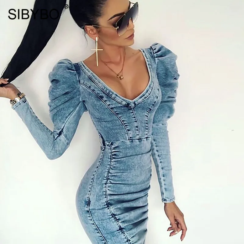 

SIBYBO Autumn Pleated Mini Denim Dress Women Fashion Long Sleeve V-Neck Sexy Bodycon Dress Streetwear Cotton Party Dress Short