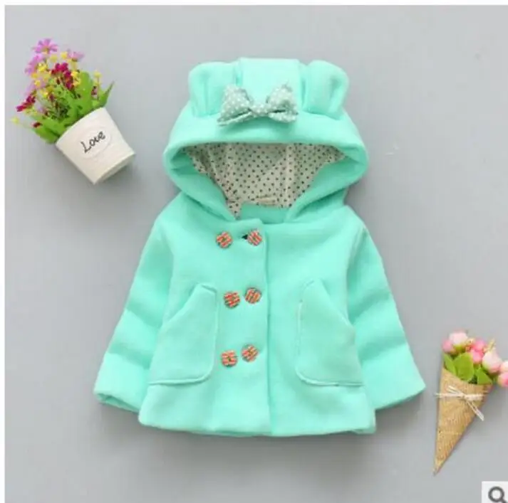 Новинка года, весенне-осеннее хлопковое пальто для маленьких девочек Толстая двубортная куртка с капюшоном и бантом для детей от 0 до 2 лет, бренд - Цвет: Зеленый