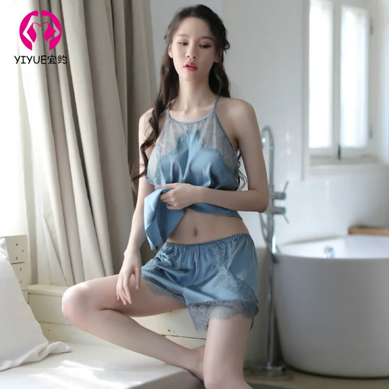 

Women's Sexy Lingerie Summer Ice Silk Sexy Strap Nightdress Ladies Backless Lace Pajamas Silk Simulation Silk Home Service