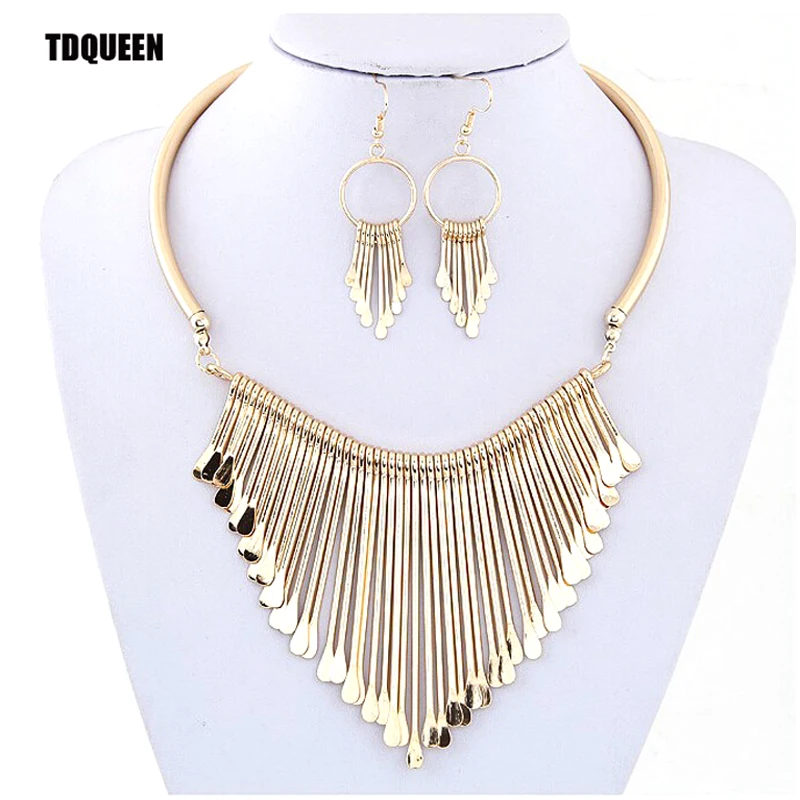 

TDQUEEN Jewelry Set For Women Dubai Indian Necklace Earring Set Golden Silver Plated Metal Pendant Statement Party Accessories