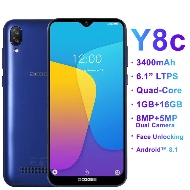 2019 Новый DOOGEE Y8C 6,1 "FHD 19:9 водослива Экран смартфон Face ID 1 ГБ Оперативная память 16 Гб Встроенная память 3400 mAh Android 8,1 3g оты мобильного телефона