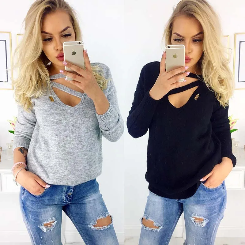 

New Women Sweater Loose Pullover Sweaters Women V Neck Long Sleeve Female Autumn Sweater Knitted Sweater Plus Size