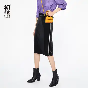 Toyouth Women Bling Striped Patchwork Pencil Skirt Female Spring Summer Basic High Waist Bodycon Split Knee Length Skirts