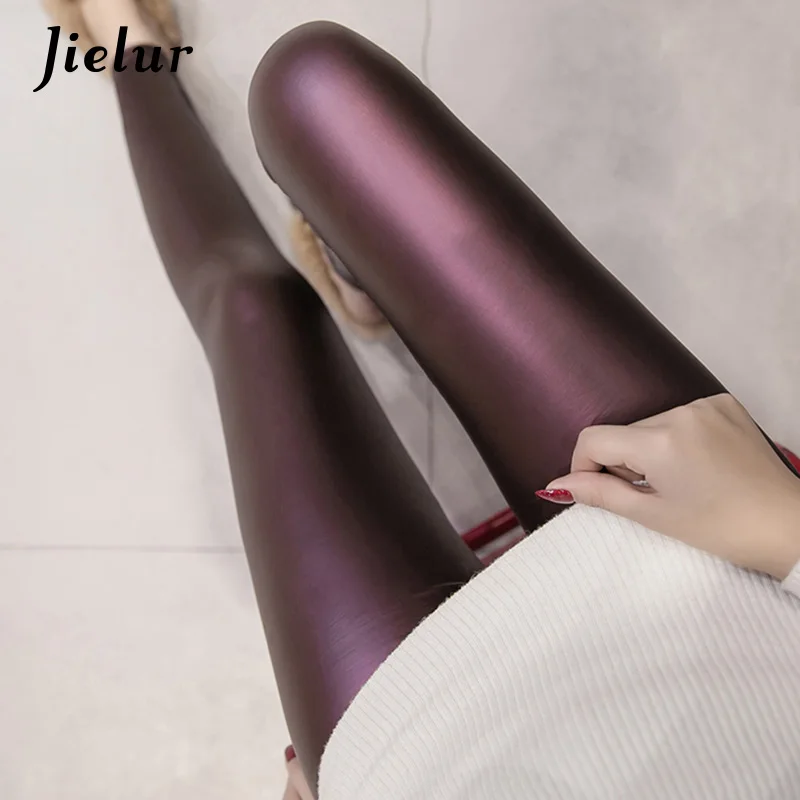 Jielur, осень, женские леггинсы из искусственной кожи, 4 цвета, обтягивающие штаны для женщин, корейский стиль, тонкие женские флисовые леггинсы-карандаш, S-3XL - Цвет: Purple thin