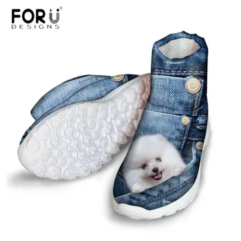 

FORUDESIGNS Denim 3D Animal Pomeranian Print Women's Jeans Style Snow Boots Casual High Quality Flats Warm Short Boots for Women