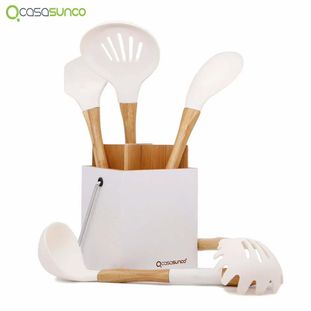 

Silicone Cooking kitchen Set With Holder - Natural Beech Wood Heat-Resistant Non-Stick kitchen Accessories Set Turner -CASASUNCO