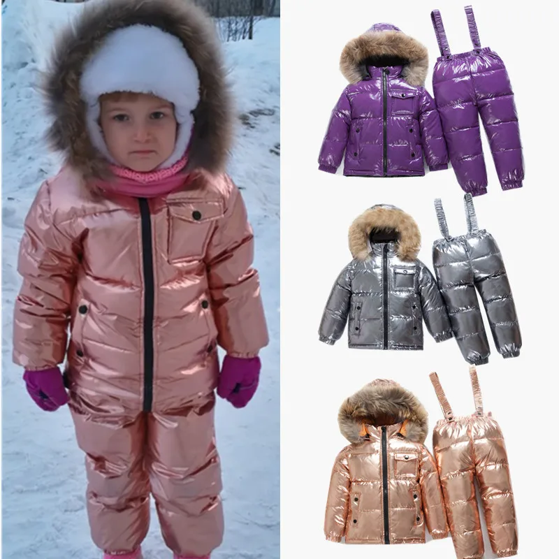 

-35 Children Big Real Fur Collar Down Jackets+Strap Down Sets Winter Boys & Girls Windproof Russian Down Set Kids Ski Sets