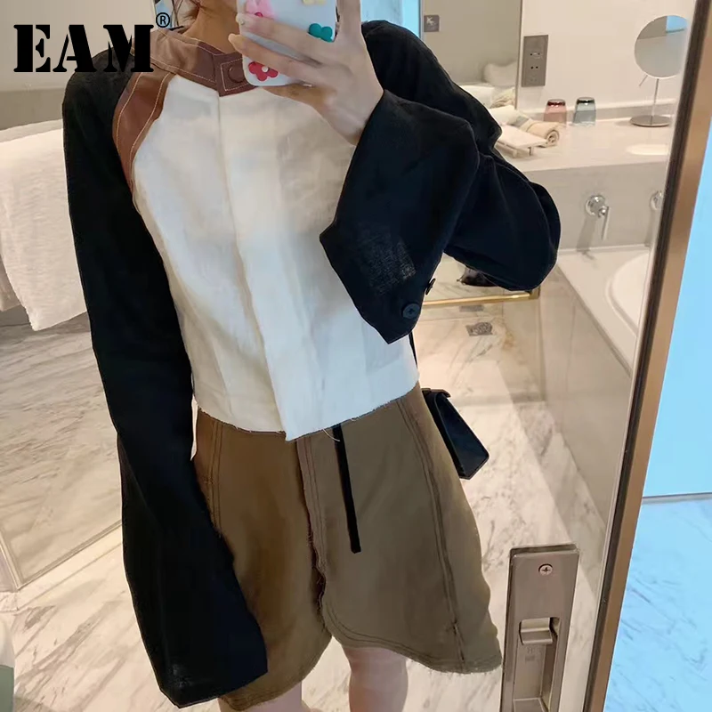 

[EAM] 2019 New Autumn Winter Stand Collar Long Sleeve Pu Leather Split Joint Loose Thin Jacket Women Coat Fashion Tide JW480