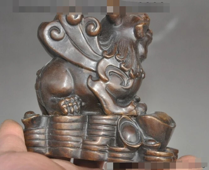 

S0649 chinese fengshui bronze wealth money coin ingot foo dog lion beast lucky statue