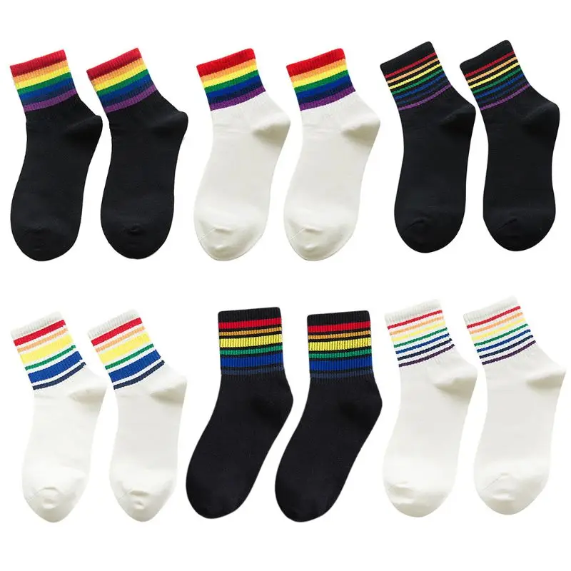 

Women Girls Spring College Style Thread Rib Trim Long Crew Socks Gradient Rainbow Color Stripes Printed Cotton Tube Hosiery Hara