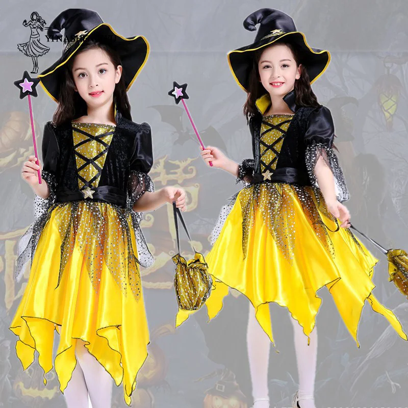 

Halloween Cosplay Costume for Kids Halloween Gift Dress Up Prom Dress Girl Elf Set Skirt Yellow Pumpkin Witch Cosplay Children