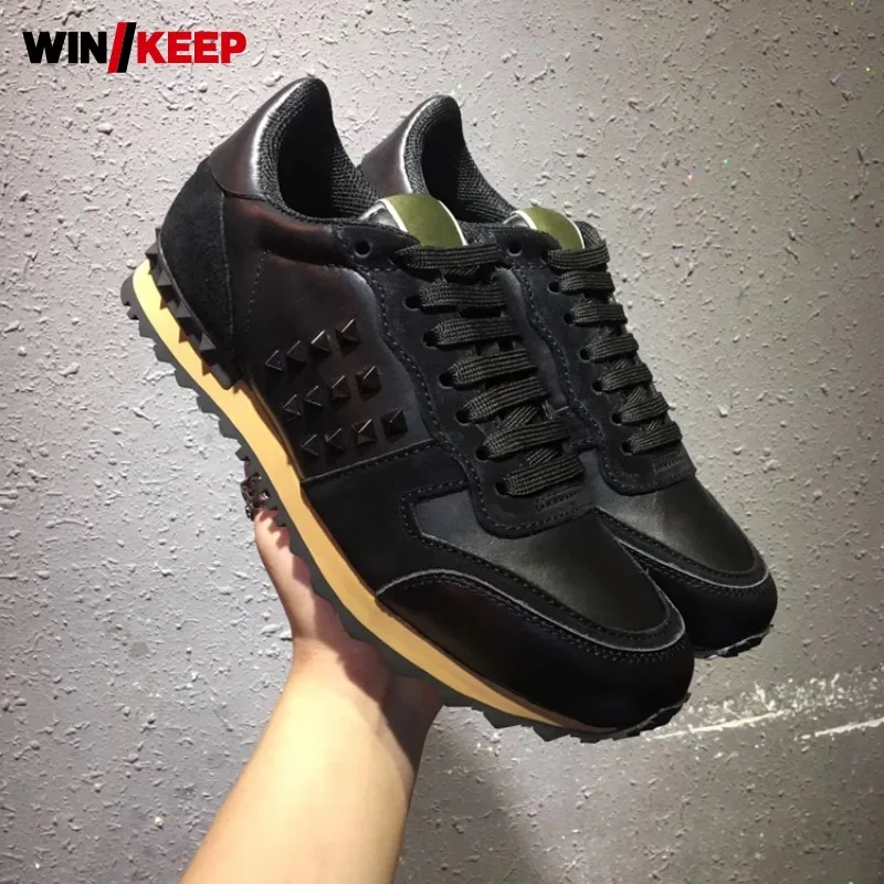 

Black Rivet Sneakers Men Breathable Running Shoes Plus Size Outdoor Sport Comfortable Lace Up Durable Jogging Shoes Man Footwear
