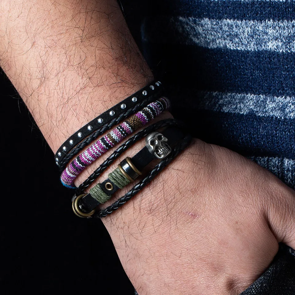 

Vintage Skull Feather Multilayer Leather Bracelet Men Fashion Braided Handmade Rivet Rope Wrap Bracelets & Bangles Gift B020447