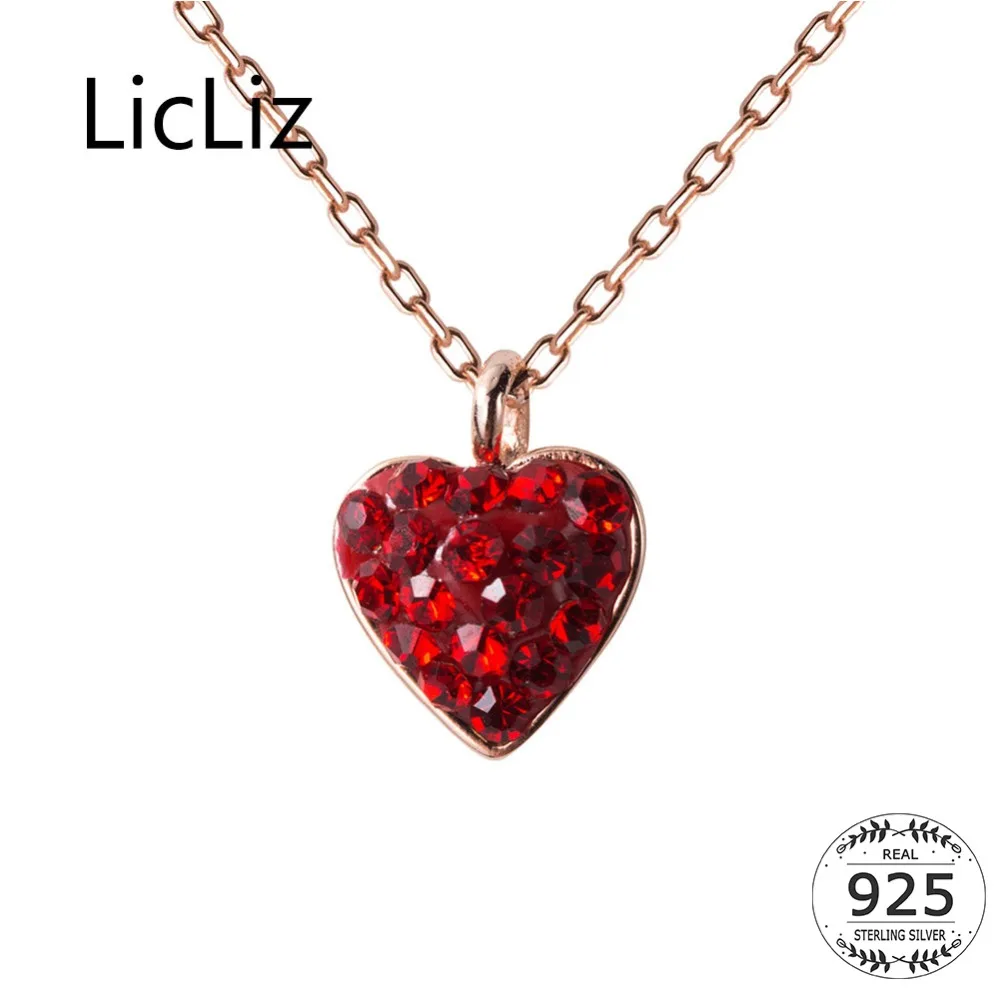 

LicLiz New 925 Sterling Silver Red Heart Pendant Necklaces for Women Rhineston Zircon Rose White Gold Necklace Link Chain LN0430