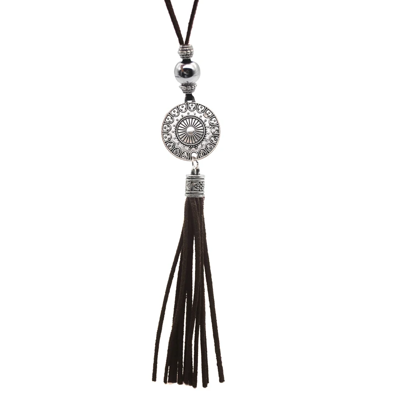 Yumfeel Bohemian Tassel Necklace Leather Tassel Pendant Necklace Long Necklace Dark Brown Color