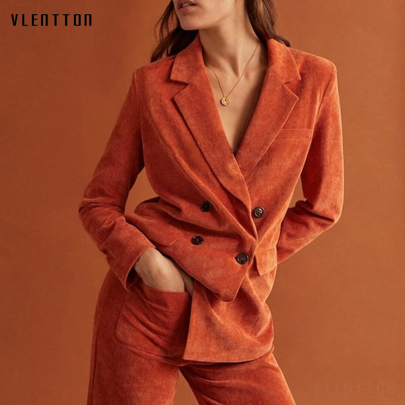 

2019 Corduroy Work Women's Pant Suit Double Breasted Office Lady Jacket Blazer & Wide Leg Pants Two Piece Sets Female Trouser