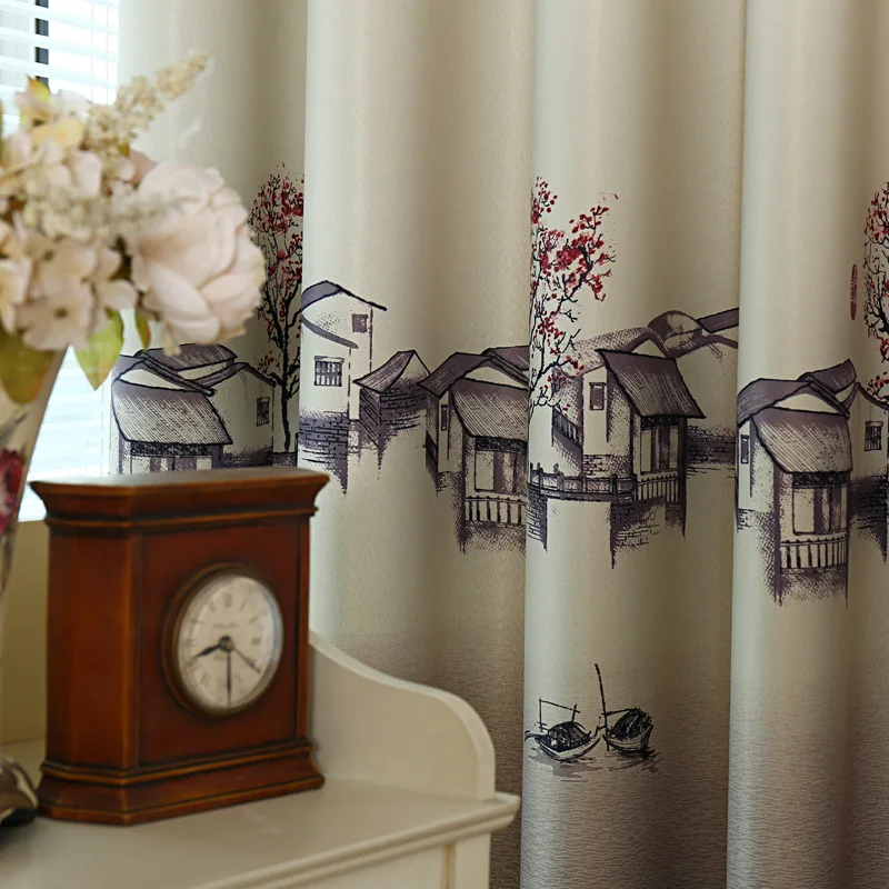 Chinese Minimalist Modern Printed Curtains for Living Dining Room