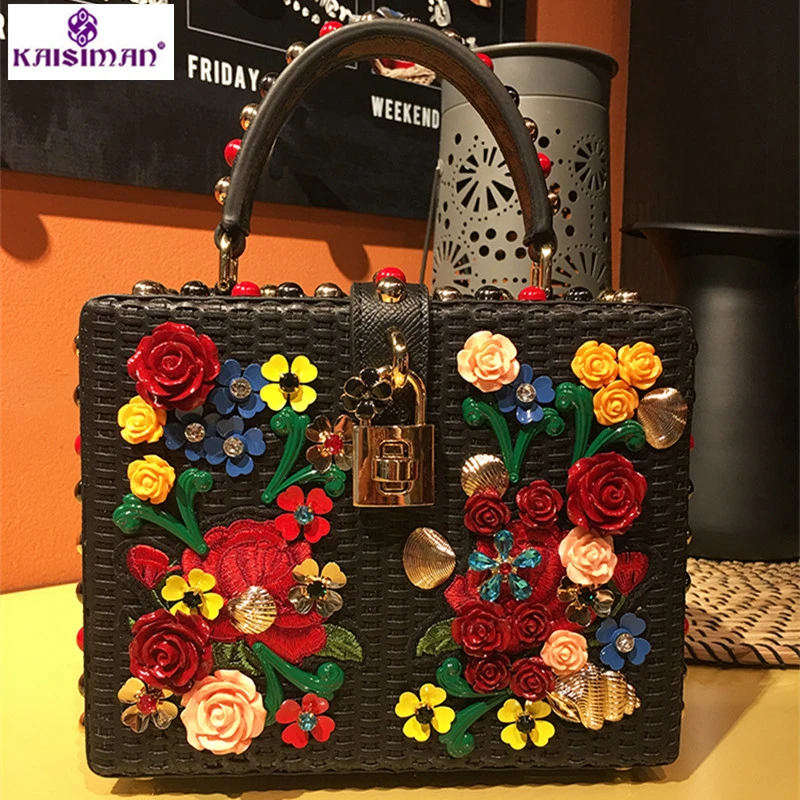 

Goddess! Luxury Exquisite Rivet Bag Genuine Cowhide Leather Messenger Bag Flower Box Women Handbag Locks Purse Original Designer