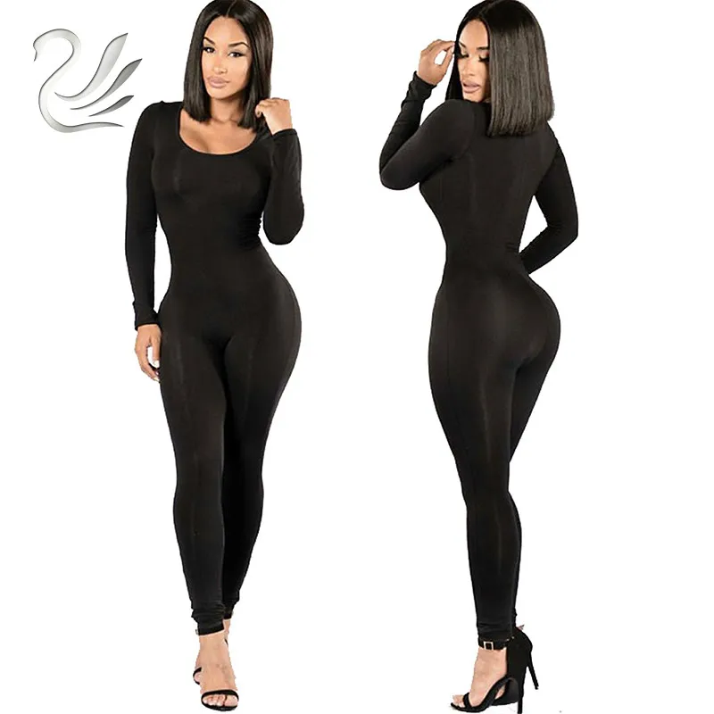 Black Overalls For Women Sexy O Neck Long Sleeve Bodycon Rompers Womens