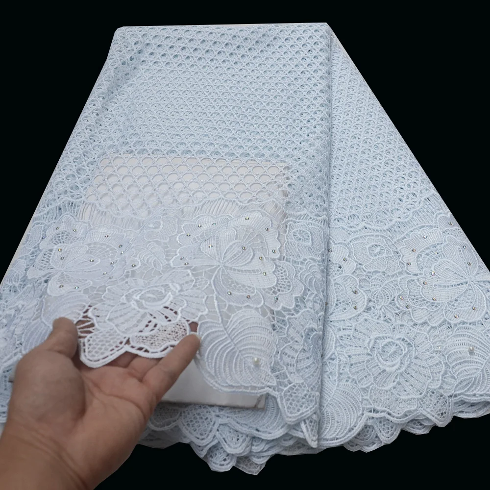 

White African Swiss Voile Lace Fabric High Quality White Nigerian Guipure Cord Lace Fabrc Hollow Out Design French Lace Fabrics