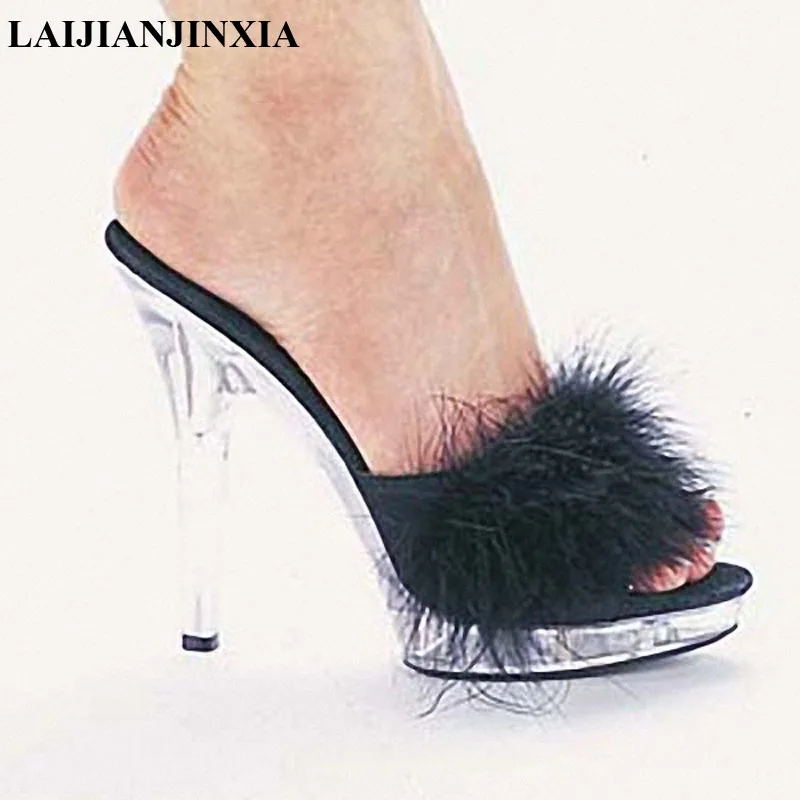 

LAIJIANJINXIA New 5 Inch High Heels Slippers 13CM Stripper Shoes Plump Feathe Crystal Shoes Hot Sexy Platform Women's Shoes