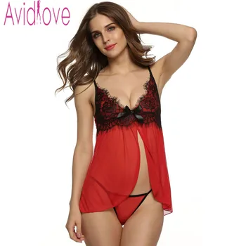 

Avidlove Women Sexy Lingerie Babydoll 2016 Strap Backless Hole Sleep Dress Hot Lace See-through Erotic Nightgown + G-string U2