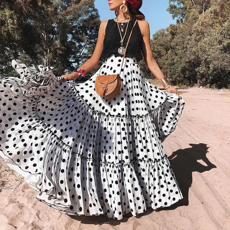 

Women Polka Dot Print Chiffon Skirt High Waist Plus Size 5XL Pleated Skirt Female 2019 Summer Sexy Beach Party Long Bottoms Lady