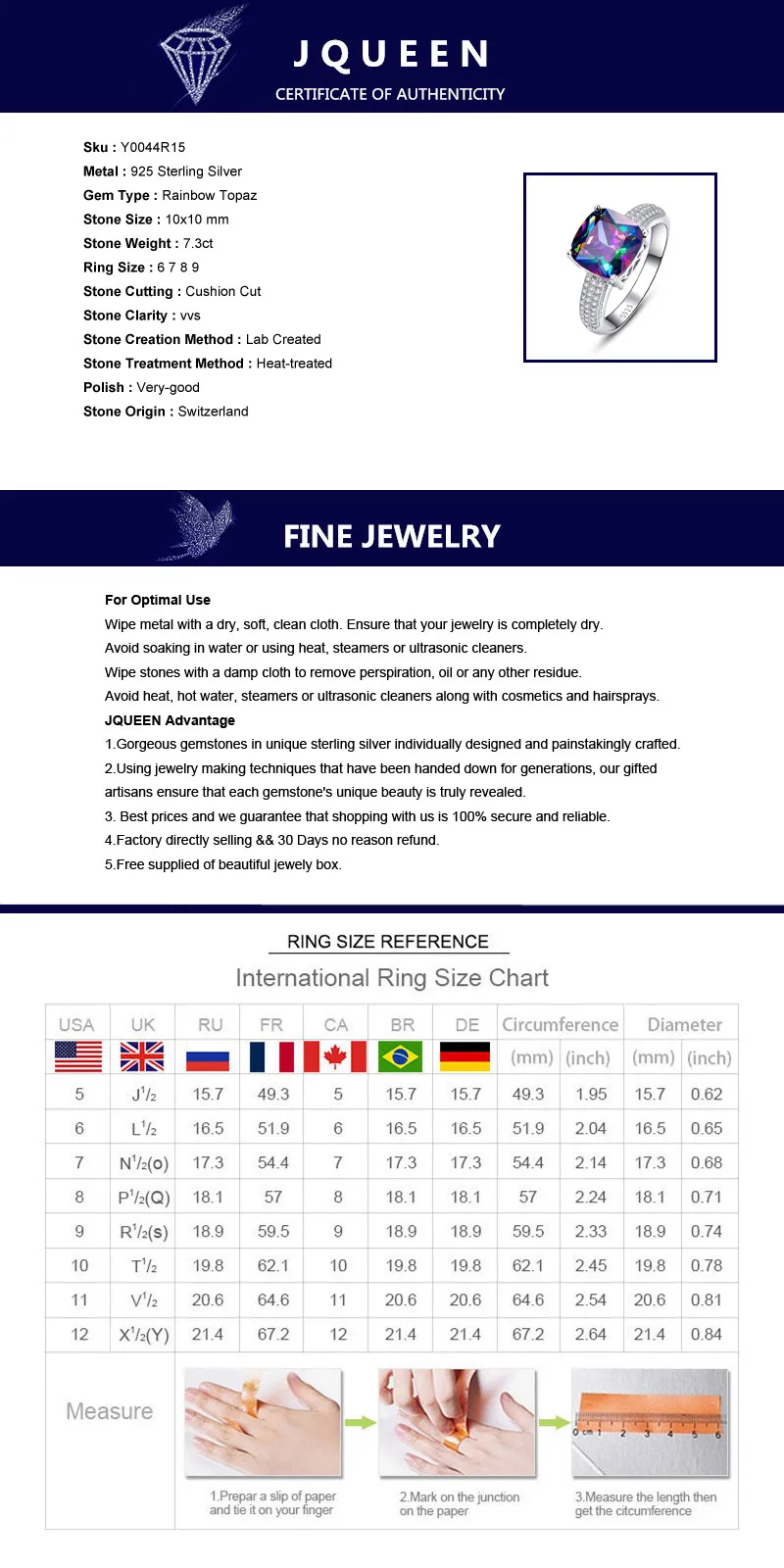 JQUEEN драгоценный камень 7.3ct Подлинная Радуга Огонь Мистик Топаз Кольцо чистый твердый 925 пробы серебро обручальное кольцо кольца для женщин