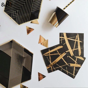 

8 Sets Black Gold Dinner Tableware Paper Plates Napkins Serviettes Cups Straw for Cocktail Wedding Birthday New Year Party Decor