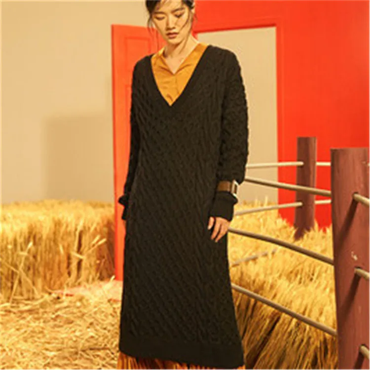 Высший сорт 100% ручная работа из чистой шерсти низкий Vneck вязаный женский модный однотонный длинный H-прямой пуловер свитер один и более