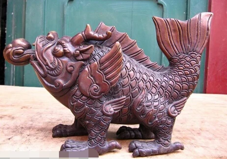

003372 7 Chinese Peculiar Pure bronze Copper Carved beast Dragon Fish Play Bead Statue