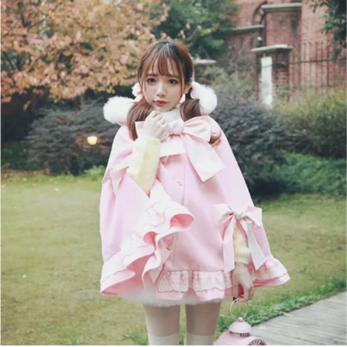 Style Cape Capuche Lolita Laine Noël rouge Fourrure Femmes Nouveau Japonaises Rose Arc Rouge De Hiver Col 2017 Chaud Manteau À Doux BZwqPzAcan