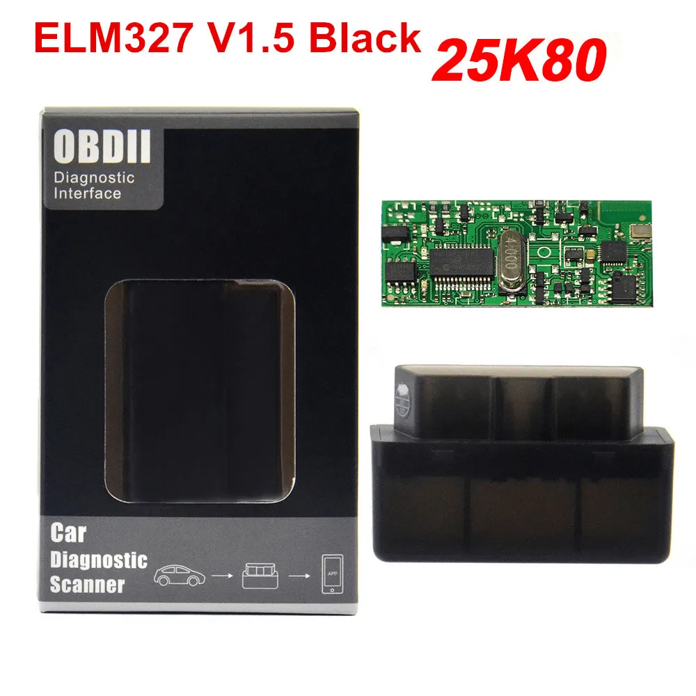 ELM327 V1.5 Bluetooth с чипом PIC18F25K80 OBD2 адаптеры для бортовой диагностики, версия II сканер для Android/PC Поддержка OBD2 протоколы+ ELM327 v2.1 - Цвет: Black with 25K80