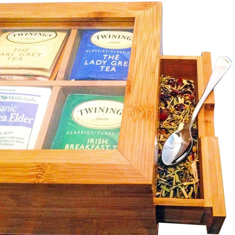 Коробка для чая, натуральный сундук с прозрачной откидной крышкой, 8 секций для хранения с выдвижным ящиком
