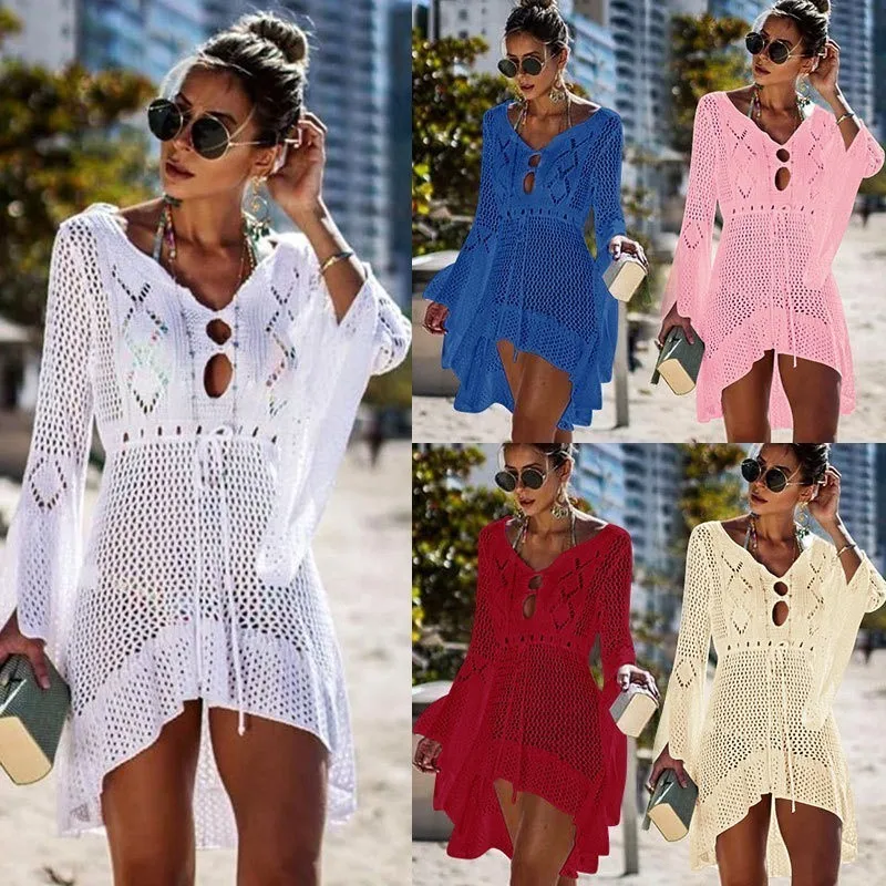 

Woman Swimwear Sexy White Crochet Tunic Beach Swimsuit Cover-ups Bikini Cover Up Summer Women Beachwear Wrap Dress